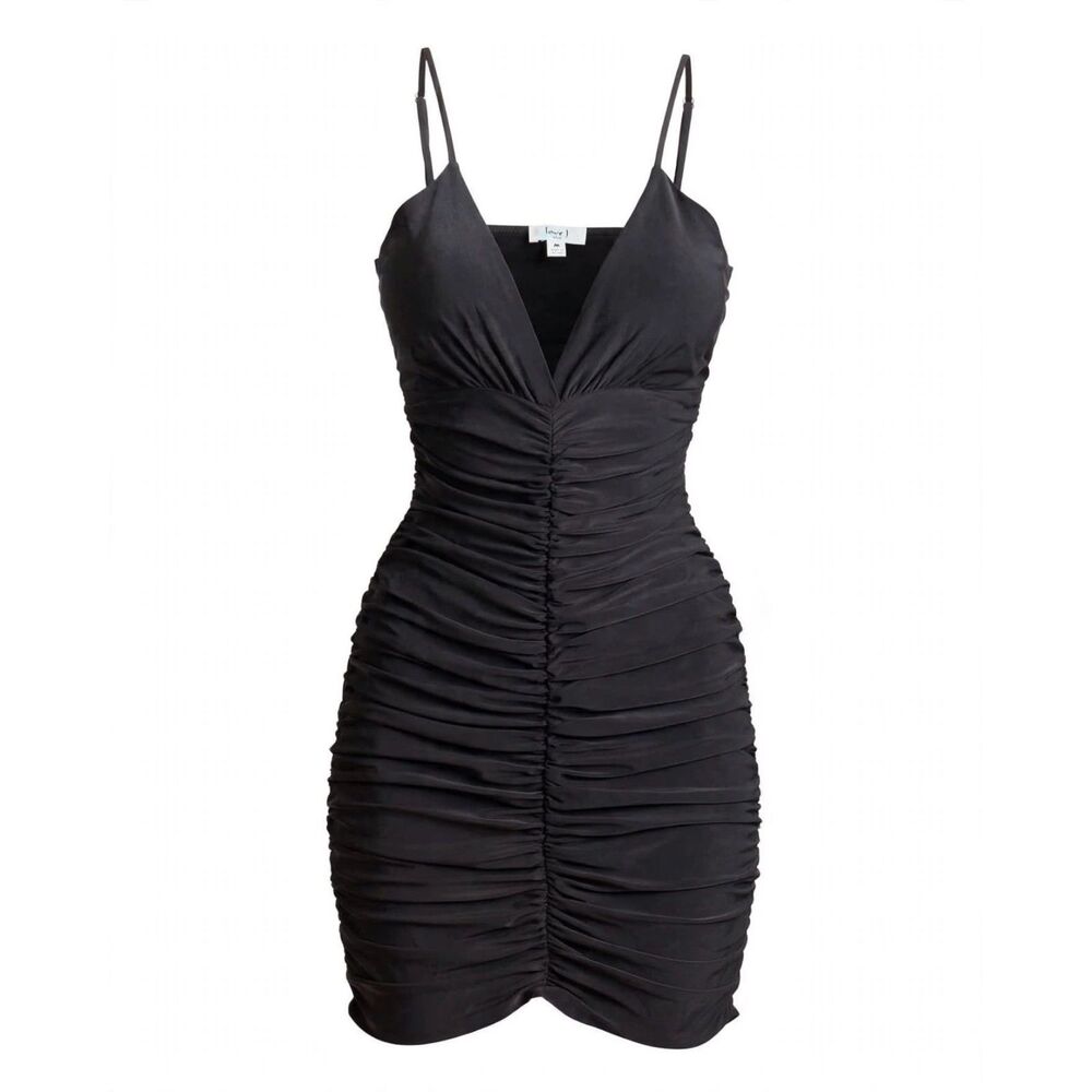 Superdown Black Ruched Bodycon Mini Spaghetti Strap V-Neck Dress Size S
